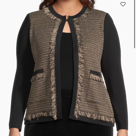 Ming Wang XL Eyelash-Trim Tweed Knit Sweater Jacket - Picture 2 of 10